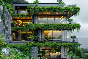 Eco friendly vertical garden house emphasizing sustainable living and green architecture in an innovative urban environment.