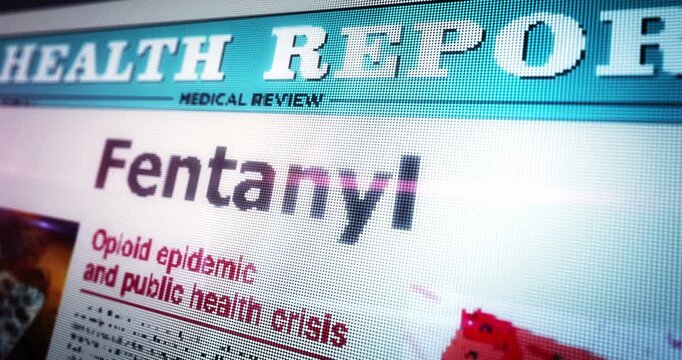 Fentanyl painkiller opioid crisis daily newspaper reading on mobile tablet computer screen. Touch screen with headlines news abstract concept 3d.