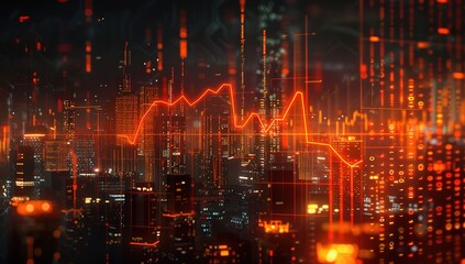 A stock market graph with orange and black lines reflecting the movement of creatures on digital screens in front of city buildings at night, emphasizing dynamic motion above virtual charts and graphs