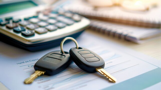 Auto finance concept with car keys, loan forms, and a calculator, representing the process of financing a vehicle
