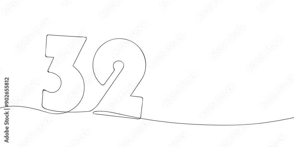 Poster a single line drawing of a thirty two symbol. continuous line thirty second number icon. one line ic
