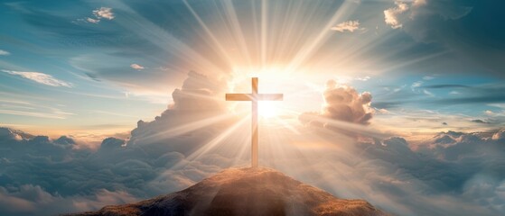 Artistic Easter greeting card featuring the cross on Golgotha, with radiant light rays emerging from behind clouds, highlighting the significance of Easter
