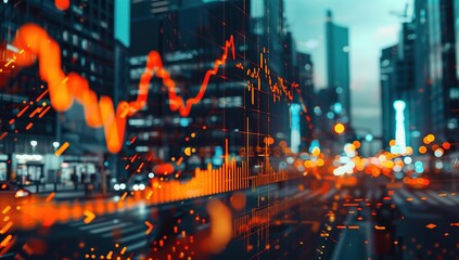 A stock market graph with orange and black lines reflecting the movement of creatures on digital screens in front of city buildings at night, emphasizing dynamic motion above virtual charts and graphs