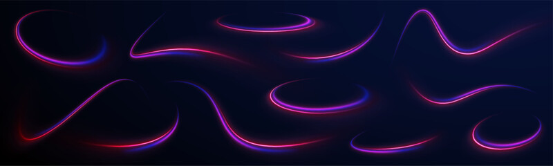 Shining lights in motion with small particles. Ring of fire, Plasma ring on a dark background. eon stripes in the form of drill, turns and swirl.