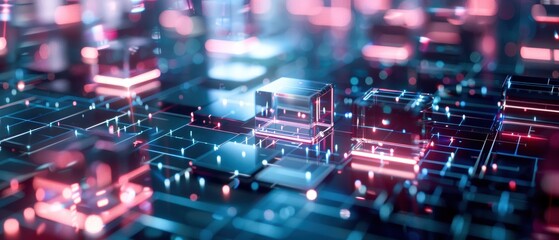 Obraz premium 3D rendering of glowing digital cubes and blocks, creating a network to illustrate the concept of the metaverse and futuristic technology