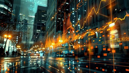 Obraz premium A stock market graph with orange and black lines reflecting the movement of creatures on digital screens in front of city buildings at night, emphasizing dynamic motion above virtual charts and graphs