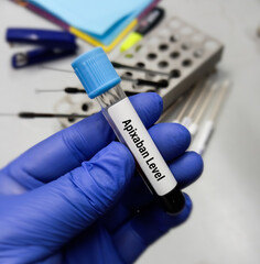 Blood sample for Apixaban level test. Measurement of drug level in order to monitor therapeutic level and diagnose under-dosage or potential toxicity.