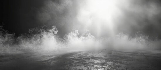 Dramatic Foggy Landscape with Bright Light Breaking Through Dense Mist on a Concrete Surface
