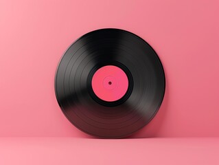 Vinyl record with pink label against a matching pink background, showcasing a vibrant retro music theme.