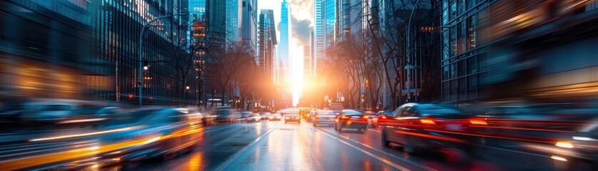Obraz premium Vibrant City Street at Sunset with Blurred Motion of Cars and Skyscrapers in the Background