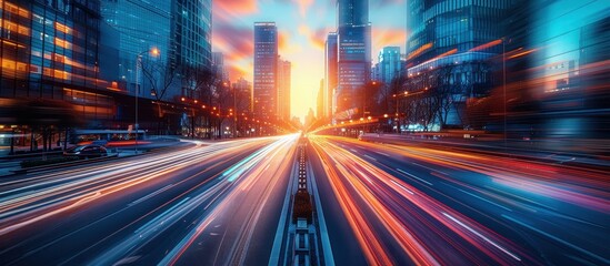 Dynamic Urban Cityscape at Sunset with Blurred Motion of Traffic Lights and Skyscrapers