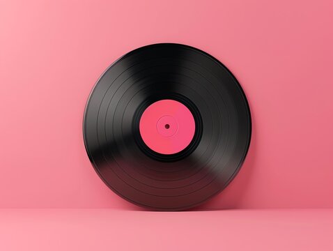 Vinyl record with pink label against a matching pink background, showcasing a vibrant retro music theme.