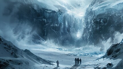 Researchers in a glacier, ice study,