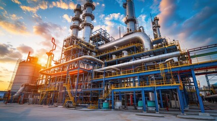 Fototapeta premium Industrial Oil Refinery at Sunset with Complex Piping and Storage Tanks Under a Vibrant Sky
