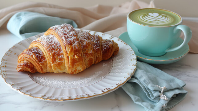 Elegant Breakfast with Croissant and Matcha Latte on Marble Table with Pastel Blue Napkin - Arranged on a White Plate with a Gold Rim