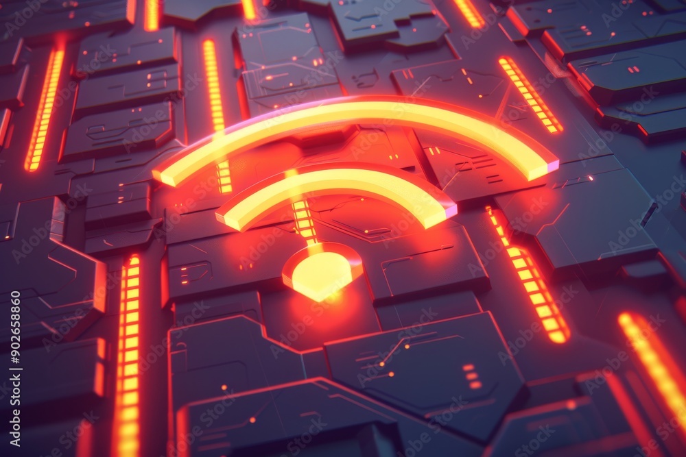 Poster glowing orange wi fi signal on a circuit board symbolizing digital connectivity and advanced technol
