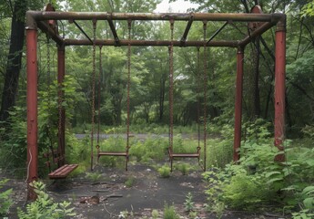 An abandoned playground with rusty, broken swings and overgrown weeds taking over the play area