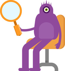 Monster Character Sitting and Holding Magnifier
