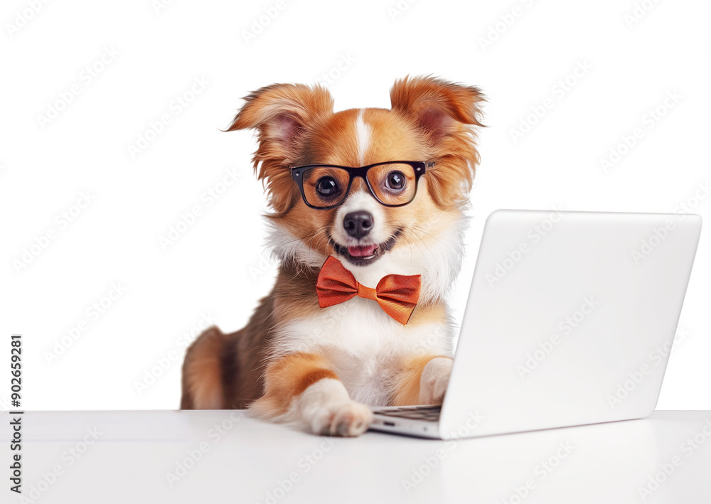 Fototapete puppy sporting a bow tie wearing glasses and using computer or labtop funny pet concept isolate on transparent background