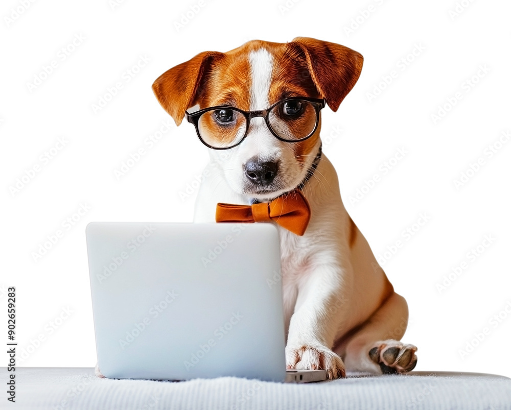 Fototapete puppy sporting a bow tie and using computer funny pet concept isolate on white background