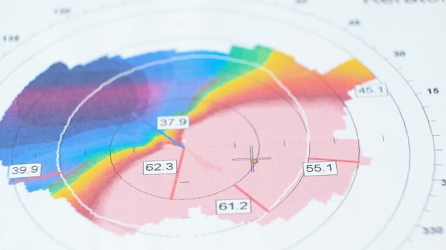 Results of the examination of the thickness and curvature of the cornea in a patient with keratoconus.