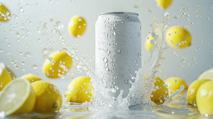 A white can of lemonade with water droplets on it is suspended in the air, surrounded by lemons and splashes of juice. Sliced lemons background. White can of soda with lemons flying around it.