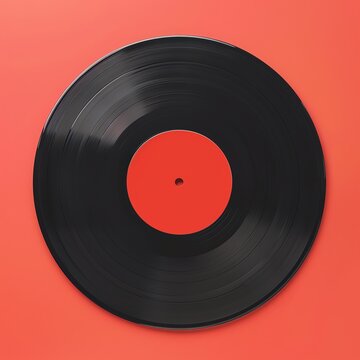 Vintage black vinyl record on a vibrant red background, perfect for music and retro-themed designs.