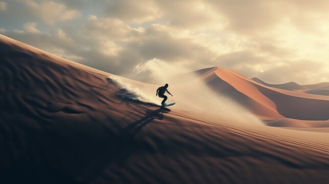 Young man posing as sand dune surfing wearing bisht traditional Bedouin coat. Neural network ai generated art