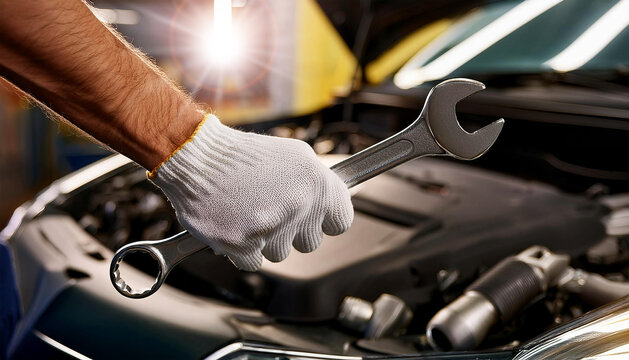 Extreme close-up of the gloved hand of auto mechanic holding a wrench in front of a car engine with the hood open in a car workshop. Generative Ai.