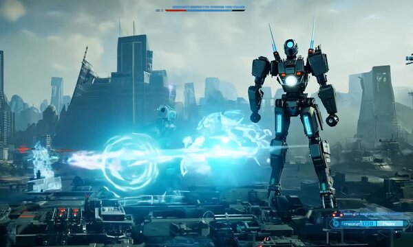 A futuristic battle scene with robots and advanced weaponry.