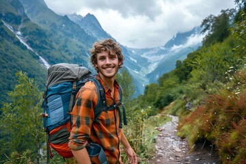 Naklejka premium A happy young hiker and backpacker enjoying the breathtaking scenery while strolling along a trail, Generative AI.