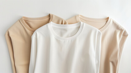 clothes on hangers, t shirts on hangers, a row of white and beige t shirts, display of fashion store