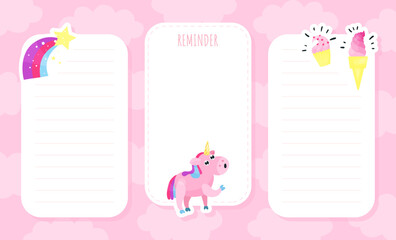 Pink Unicorn Note and Reminder Card Design Vector Template