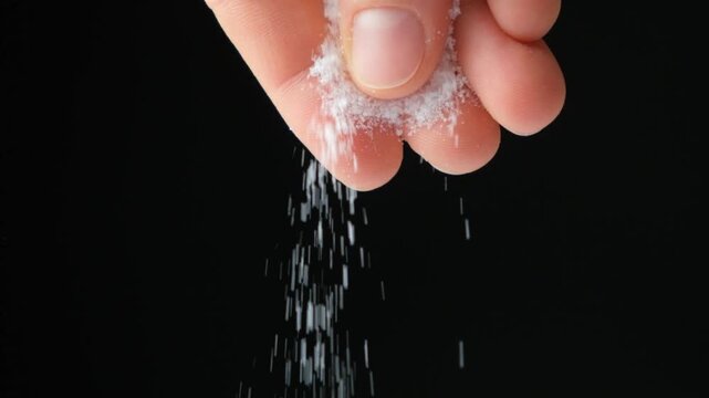 Hand pouring salt on black background, slow motion.