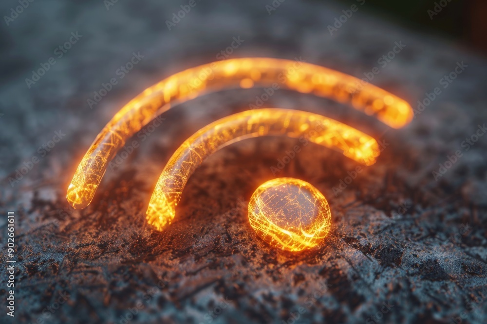Poster glowing orange wi fi symbol on a stone surface representing digital connectivity and modern communic