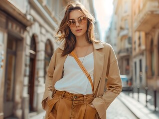 Fototapeta premium Fashionable woman in casual chic urban outfit posing on city street