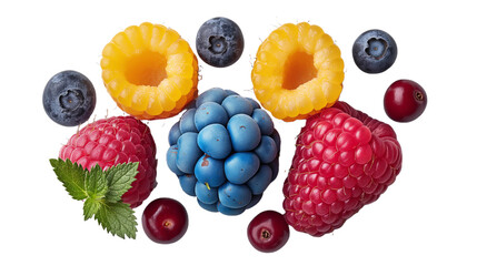 A close-up photograph of a group of various summer berries against a plain white background. The berries include a collection of raspberries and a single yellow raspberry, as well as a cluster of blue