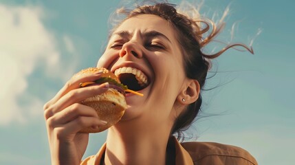 Woman happily enjoys a burger with wind in her hair.