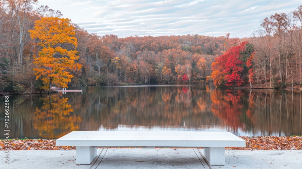Poster A bench sits by a lake with trees in the background