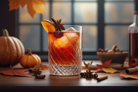 Autumn cocktail with fall spices in glass, cozy seasonal atmosphere.