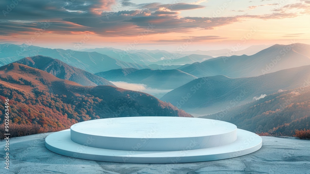 Poster a large white circular stage is set in the middle of a mountain range