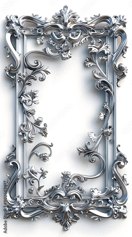 Poster ornate silver frame with delicate scrollwork and polished finish for elegant and copy space