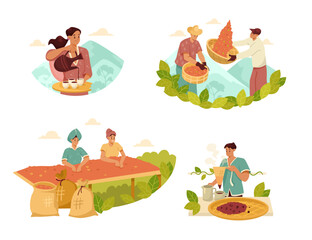 People Character Harvest and Making Coffee Drink Vector Set