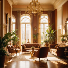 A luxurious and elegant living room with high ceilings, large arched windows, and ornate furnishings, The room features plush leather sofas, a chandelier, and potted plants, creating a warm and 