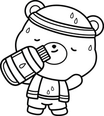 a vector of a bear drinking water after a workout in black and white coloring