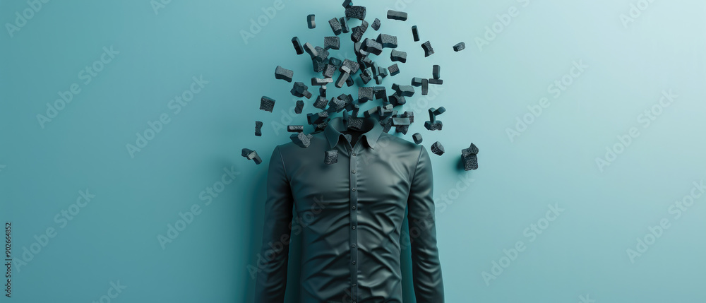Poster a dynamic 3d figure shattering chains, representing freedom from mental constraints. ideal for menta