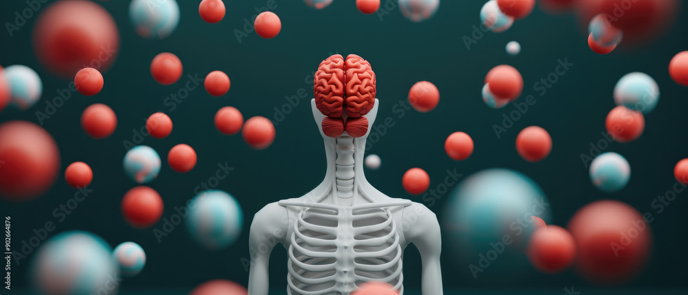 Poster explore diverse mental experiences with a 3d figure and floating orbs. ideal for mental health cover