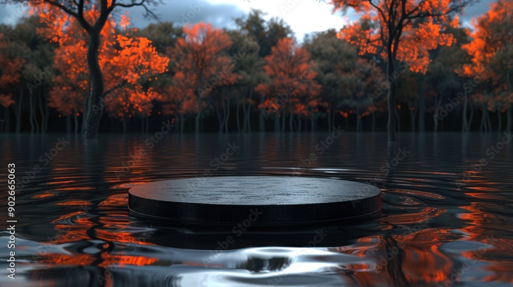 Poster a black round table is floating in a pond with orange leaves in the background