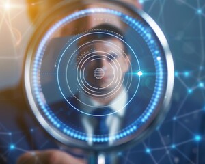 A businessman holds a magnifying glass revealing a futuristic interface, symbolizing data analysis and digital investigation.