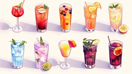 3D Isometric Cartoon Drinks Set Isolated on White Background